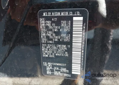 2021 Nissan Armada Sv 4Wd из США, поврежденный, VIN JN8AY2AD5M9662317